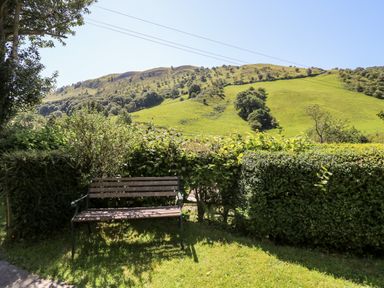 A wooden bench on grass with hedges and a green hill in the background at Dolgenau Hir - The Barn in Llawr y Glyn near Trefeglwys