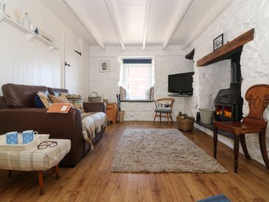 A living room with a brown leather sofa a wooden chair a wood burning stove and a TV at Ner Sea in Marazion