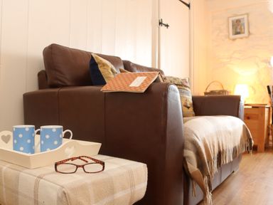 A brown leather sofa with cushions and a blanket next to a small table with two blue polka dot mugs and glasses at Ner Sea in Marazion