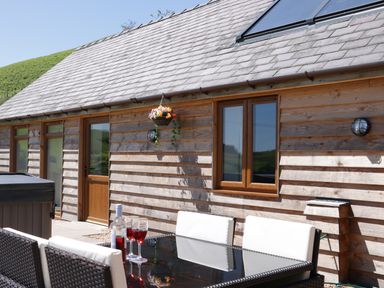 An outdoor patio area with a rattan table set with white cushions and glasses of red drink next to a wooden house with hanging flowers at 1 Beacon View Barn in Beguildy near Knighton
