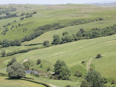 A rural landscape with rolling green hills trees and a small pond at 1 Beacon View Barn Beguildy near Knighton