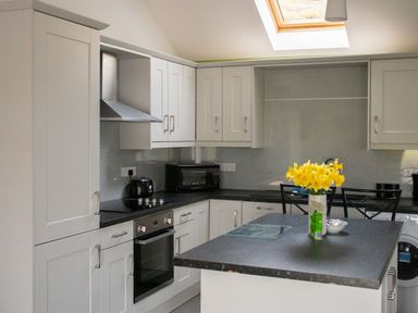 A kitchen with white cabinets black countertops a black oven a toaster a microwave a washing machine and flowers on the island at 1 Beacon View Barn in Beguildy near Knighton