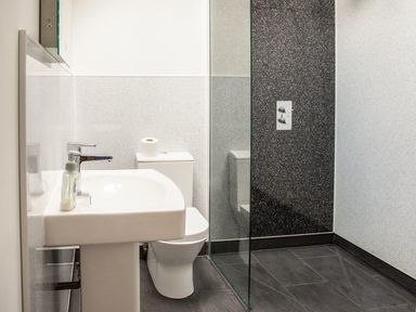 A bathroom with a sink, toilet, and glass shower enclosure at 1 Beacon View Barn in Beguildy near Knighton