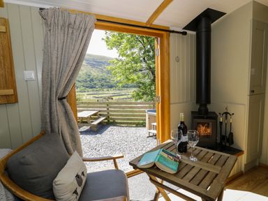 A small living area with a wood stove a wooden table with a bottle of wine two wine glasses and a book an armchair and an open door leading to an outdoor picnic table and a view of hills and trees at Moelfre - Shepherds Hut in Llanbedr