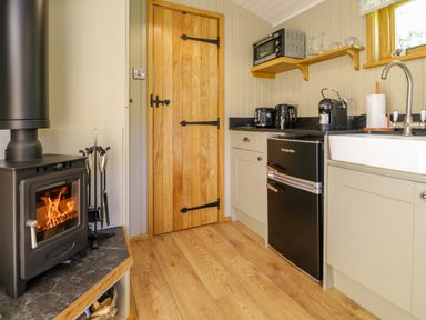 A kitchen with a wood burning stove a wooden door black appliances and a sink at Moelfre - Shepherds Hut in Llanbedr