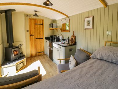 An interior of a small room with a bed a chair a wood burning stove a kitchenette with a sink and appliances and a wooden door in Moelfre - Shepherds Hut Llanbedr