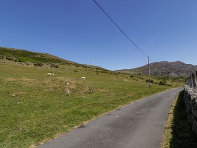 A country road with grassy hills and sheep under a clear blue sky at Moelfre - Shepherds Hut in Llanbedr