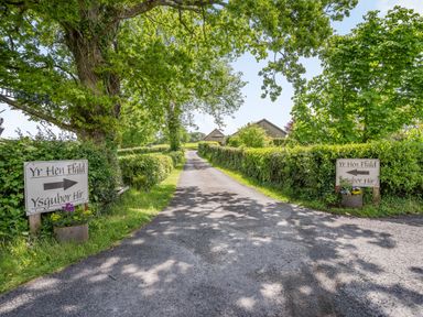 A driveway lined with green hedges and trees leading to buildings with signs pointing to Yr Hen Ffald in Pontarddulais