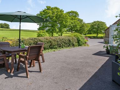 An outdoor patio area with a wooden table and chairs under a large umbrella by a hedge and grassy fields at Yr Hen Ffald in Pontarddulais
