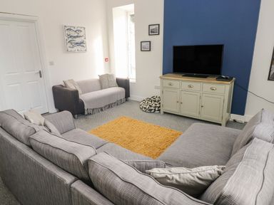 A living room with grey sofas a yellow rug a TV on a cabinet and framed pictures on the wall at The Shell at the Hideaway in Tenby