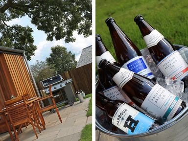 An outdoor patio area with wooden chairs and a table next to a grill and a bucket of bottles and a close-up of beer bottles in an ice bucket on grass at Mill House Boskensoe Barns in Mawnan Smith near Falmouth