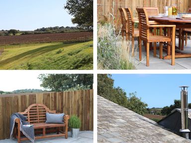 A collage of outdoor views including a grassy field with fencing a wooden outdoor dining table and chairs a wooden bench with cushions and a blanket and a rooftop with a chimney at Mill House Boskensoe Barns in Mawnan Smith near Falmouth