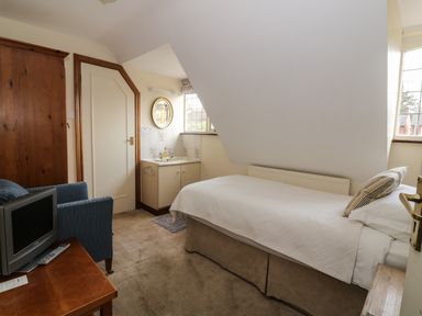 A bedroom with a single bed a wooden wardrobe a small sink a chair and a television at The Lodge off High Street in Hadleigh