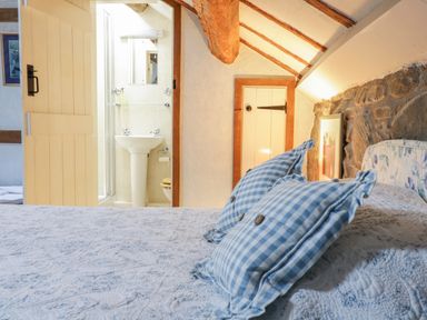 A bedroom with a bed and blue checkered pillows and an open door leading to a bathroom at Lower Dolgenau- The Cottage in Llawryglyn near Llanidloes