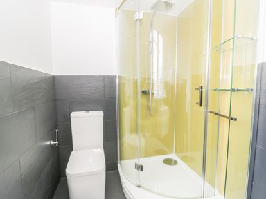 A bathroom with a white toilet and glass shower enclosure with yellow walls at 11 Camden Building in Kendal