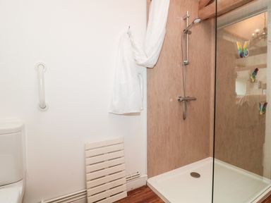 A bathroom with a toilet a walk in shower with butterfly stickers on the glass wall a white towel hanging and a wooden floor at Poppy Cottage in Llantwit Major