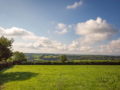 A green field with trees and hills under a partly cloudy sky at Salters in Black Dog near Crediton