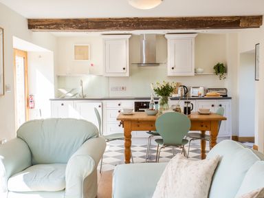 A kitchen and dining area with a wooden table, green chairs, white cabinets, and a light blue armchair at Salters Black Dog near Crediton