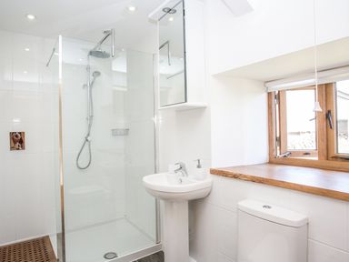 A bathroom with a walk-in shower pedestal sink toilet and wooden window sill at Salters Black Dog near Crediton