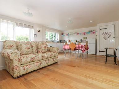 A living area with a patterned sofa a dining table with chairs and a kitchen with appliances at Bolitho's Retreat in Helford