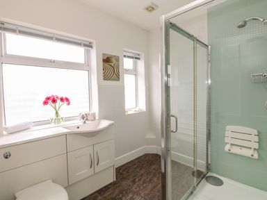 A bathroom with a shower enclosure a sink with cabinets a toilet two windows and a vase with flowers at Bolenowe in Trebetherick near Polzeath