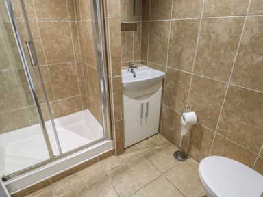 A bathroom with a shower cubicle a sink with cabinet a toilet and a toilet paper holder at Apartment 2 Tenby