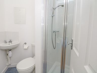 A small bathroom with a white sink toilet and a glass-enclosed shower at Oceans Side in Ilfracombe