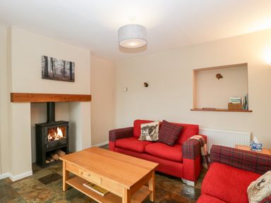 A living room with a wood burning stove red sofas a wooden coffee table and a wall niche at Pippins in Bream