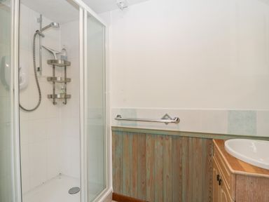 A bathroom with a shower enclosure sink and wooden paneling at Pippins in Bream