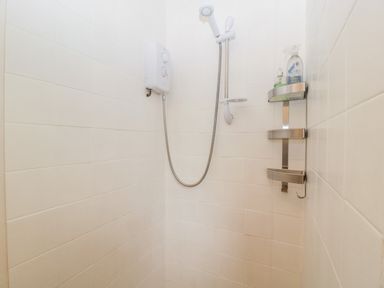 A tiled shower area with a wall-mounted electric shower unit a handheld showerhead and a metal shower caddy with bottles at Pippins in Bream