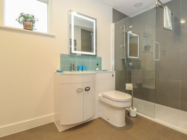A bathroom with a toilet sink cabinet mirror glass shower cubicle and a small window with a plant at Ash in Truro