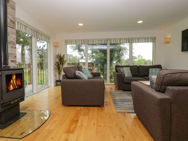 A living room with brown sofas a wood burning stove and large windows showing an outdoor view at Ash in Truro