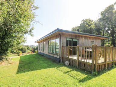 A wooden house with large windows and a fenced wooden deck surrounded by grass and trees at Ash in Truro