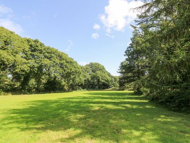 A grass field surrounded by trees under a partly cloudy sky at Ash in Truro