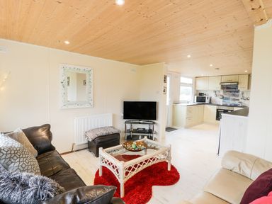 A living room with a leather couch a glass coffee table on a red rug and a kitchen in the background at Y Caban Clyd in Morfa Nefyn