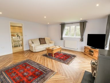 A living room with a white sofa a wooden coffee table two red rugs a television on a wooden stand and gray curtains at Nant Y Felin Lodge in Aberdaron