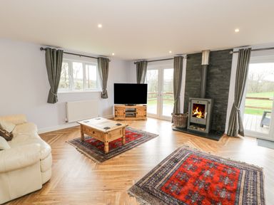 A living room with a cream sofa a wooden coffee table a TV on a wooden stand two red rugs and a wood burning stove at Nant Y Felin Lodge in Aberdaron