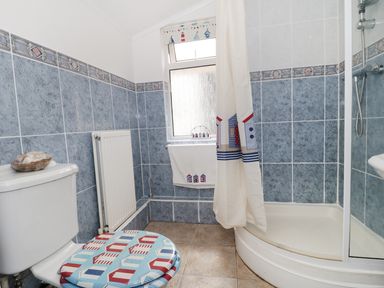 A bathroom with a toilet shower enclosure towel and radiator with blue tiled walls at No 9 in Watchet