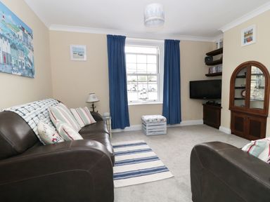 A living room with brown leather sofas blue curtains a striped rug a television and a wooden cabinet at No 9 Watchet