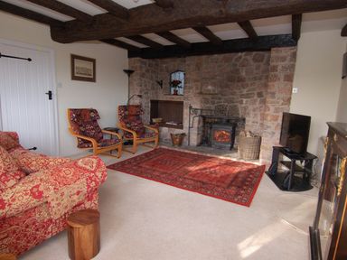 A living room with a stone fireplace two patterned armchairs a red patterned sofa a red rug and a television at Appletree Cottage in Higher Brimley near Bovey Tracey