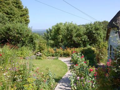 A garden path surrounded by flowers and trees beside a thatched cottage at Appletree Cottage in Higher Brimley near Bovey Tracey