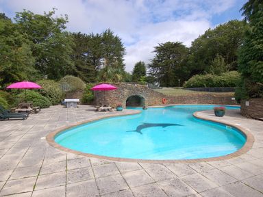 An outdoor swimming pool with a dolphin design on the bottom surrounded by trees and picnic tables with pink umbrellas at The Coach House in Ugborough