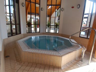 An indoor octagonal hot tub with tiled surroundings and metal handrails in a room with large windows and potted plants at Pine Cottage in Maenporth
