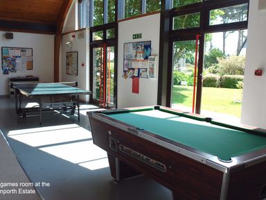 A games room with a pool table and table tennis table near large windows overlooking a garden at Pine Cottage in Maenporth
