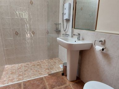 A bathroom with a pedestal sink toilet paper holder shower area with wall-mounted shower unit and tiled walls at Sunnyside in Staple Fitzpaine