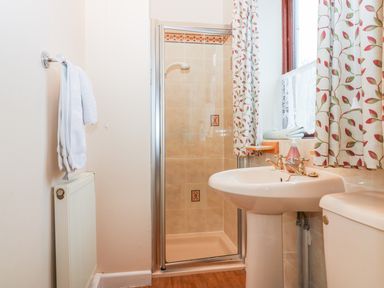 A bathroom with a shower enclosure sink toilet and floral curtains at Little Waycroft in Dawlish