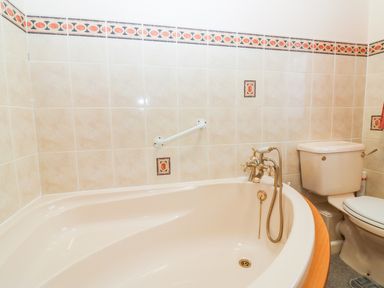 A bathroom with a corner bathtub and handheld shower next to a toilet with tiled walls at Little Waycroft in Dawlish