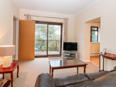 A living room with a leather sofa coffee table television and sliding glass door leading to balcony at Little Waycroft in Dawlish