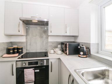 A kitchen with a stovetop oven microwave kettle and sink at Monkbarns in Brixham