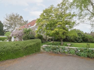 A garden with a tree hedge flower bed and a stone house with a red roof at The Granary in Edington near Street and Glastonbury